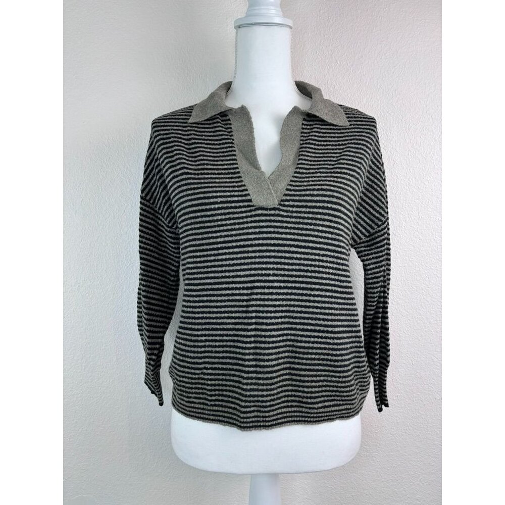 Lilla P women's XS green striped collared cropped knit top 3/4 sleeve casual